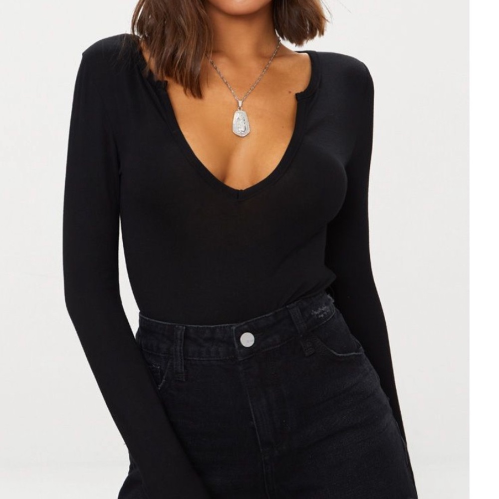 PLT Black Jersey V Neck Long Sleeve Thong Bodysuit